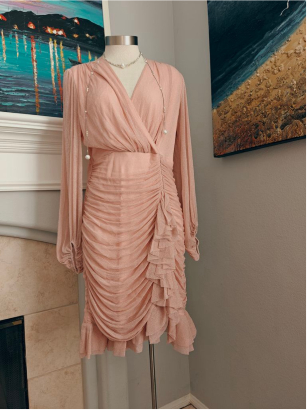 Women's ANANY Pink Long Sleeve Ruched Ruffle Mini Dress - Picture 5 of 10